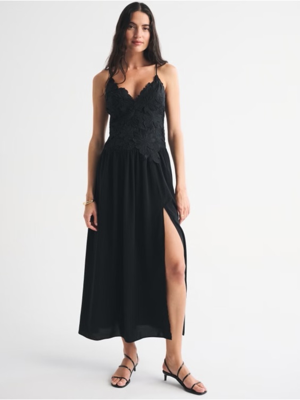 Abercrombie & Fitch Black Lace Bodice Maxi Dress with Side Slit bra free size xs
